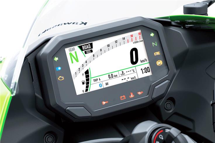 The 4.3-inch TFT dash is the same as nearly all other Kawasaki models, has Bluetooth connectivity.